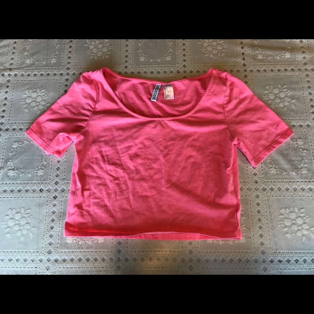 h&m divided neon pink crop top t shirt